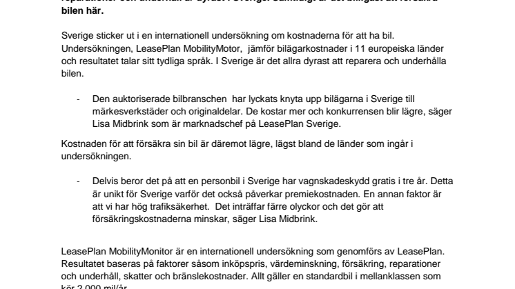 LeasePlan MobilityMonitor: Bilreparationer dyrast i Sverige
