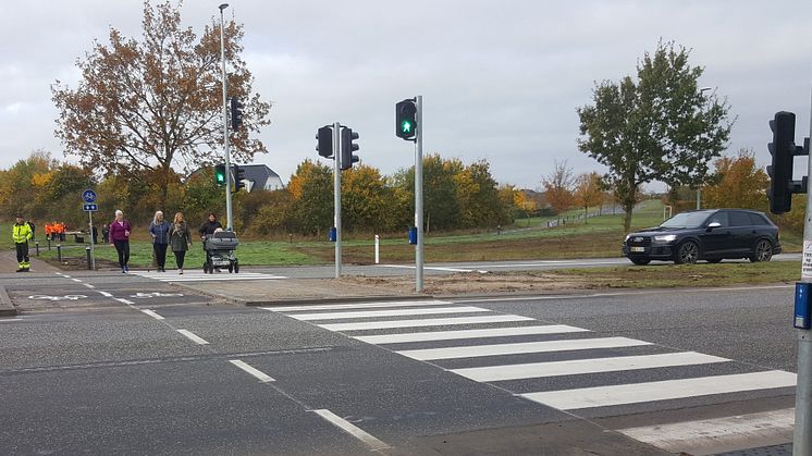 Dagplejer og børn fra Buderupholm var nogle af de første til at krydse Hobrovej i det nye fodgængerfelt