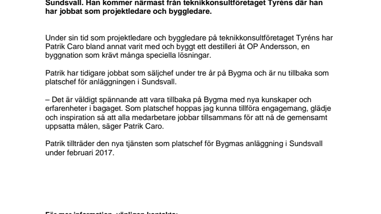 Ny platschef till Bygmas anläggning i Sundsvall