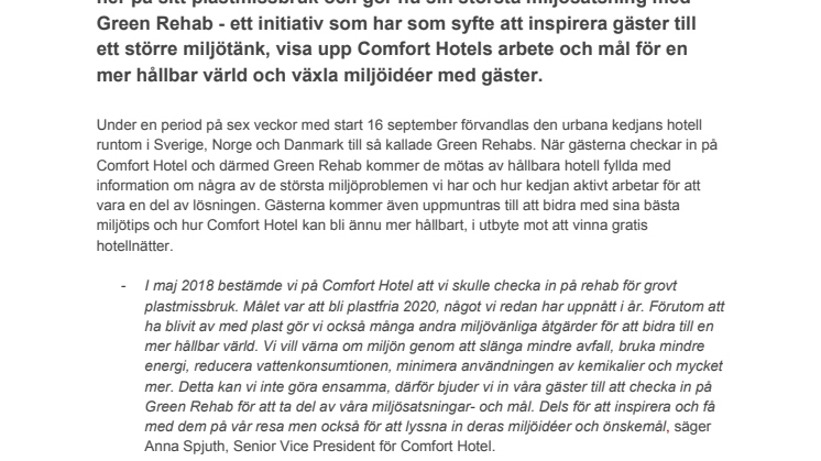 Comfort Hotel välkomnar gäster till att checka in på miljöinitiativet Green Rehab