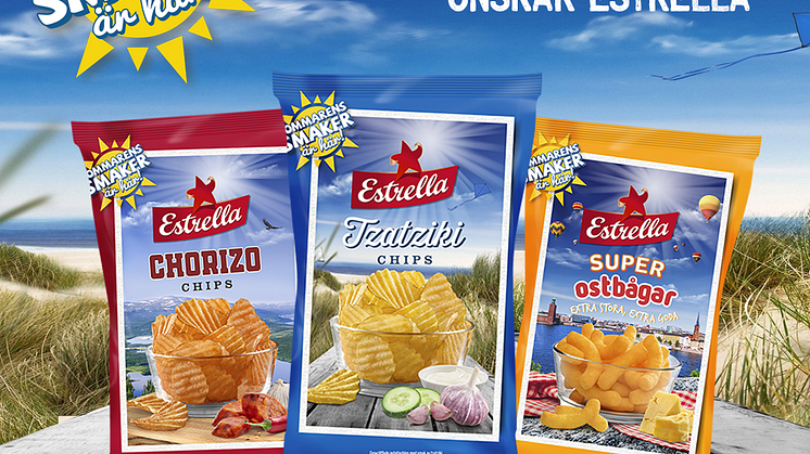 Estrellas Sommarsnacks 2019 i smakerna Chorizo, Tzatziki och SuperOstbågar