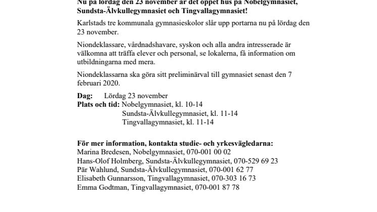 Pressinbjudan: Öppet hus på gymnasieskolorna 23 november
