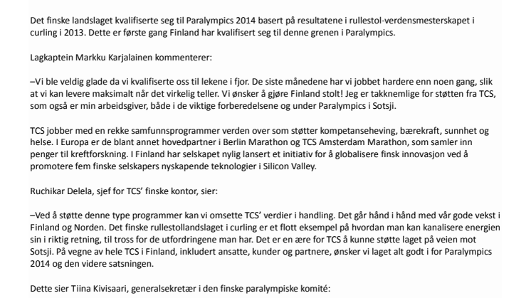 TCS støtter det finske rullestol-landslaget i curling