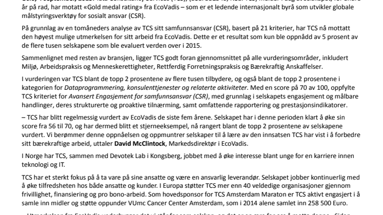 TCS tildelt "Gold Medal rating" fra EcoVadis for sitt arbeid innen samfunnsansvar