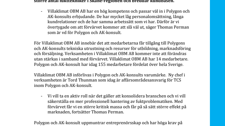 Polygon och AK-konsult förvärvar Villaklimat OBM AB i Malmö	