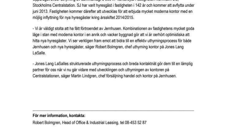 Jones Lang LaSalle och Jernhusen startar samarbete gällande 8 000 m² kontor vid Stockholms Centralstation 