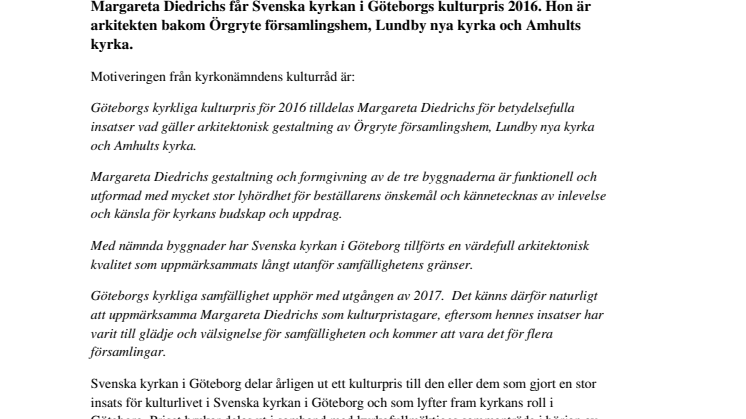 Arkitekt Margareta Diedrichs får kulturpris