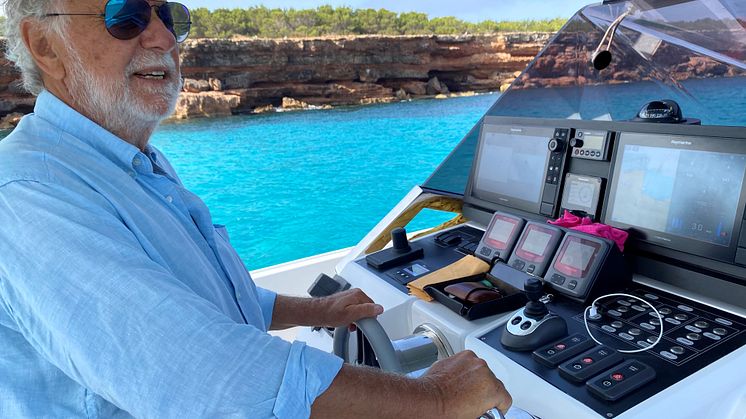 Ferretti Yachts co-founder Norberto Ferretti onboard his YANMAR-powered 45ft tender in Formentera