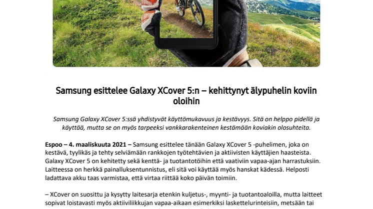Samsung esittelee Galaxy XCover 5:n – kehittynyt älypuhelin koviin oloihin