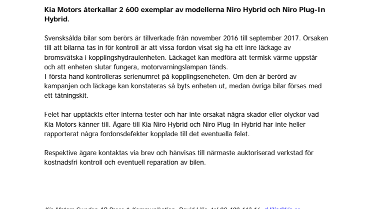 Kia Niro återkallas för kontroll av hydraulisk koppling