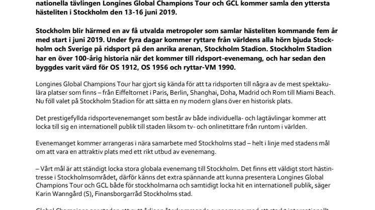 Nytt stort ridsportevenemang till Stockholm 2019