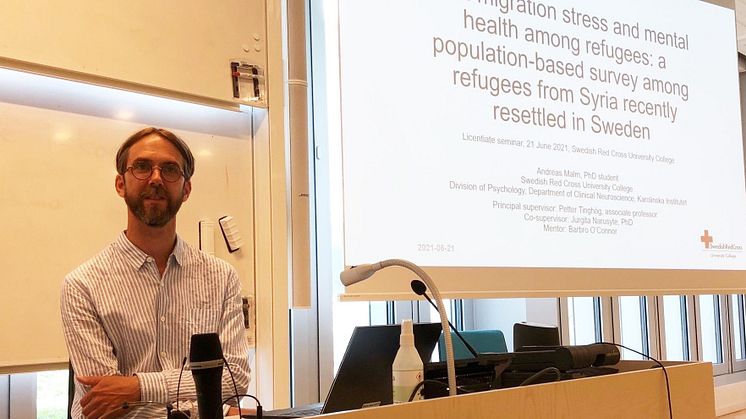 Andreas Malm vid licentiatseminariet på Röda Korsets Högskola 21 juni 2021