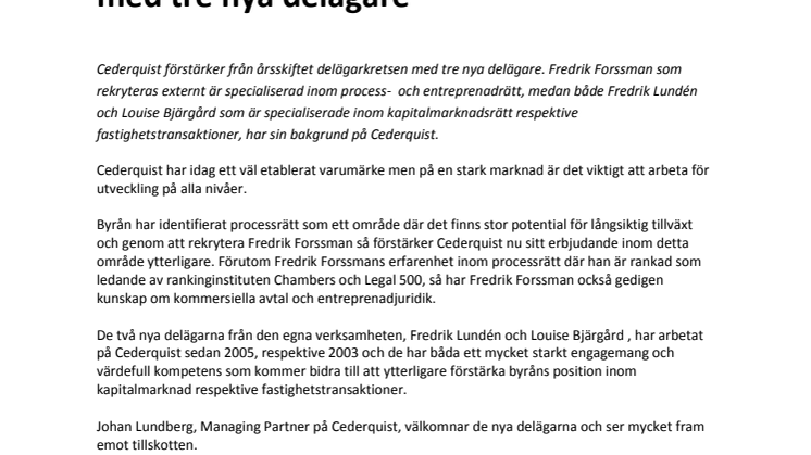 Cederquist förstärker verksamheten med tre nya delägare 