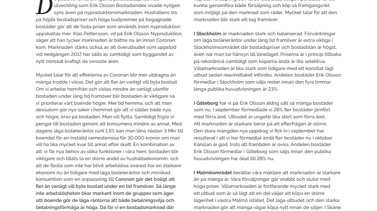 Erik Olsson Fastighetsförmedling kommenterar bostadsmarknaden 19 oktober 2020