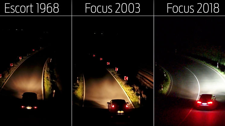 Rask utvikling: Mye har skjedd på lysfronten de siste 50 årene. Nå tar nye Ford Focus enda et steg og tilbyr et nytt kamerabasert prediktivt kurvelyssystem. 