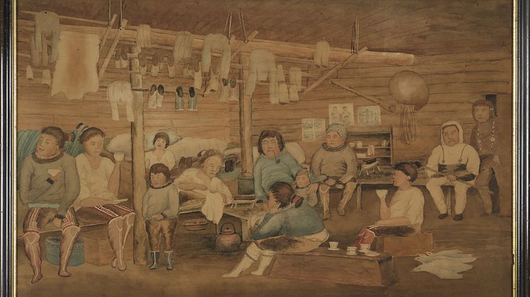 000062406 beskåret_Akvarel af ubk: Interiør fra et grønlandsk træhus_Museet for Søfart