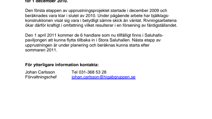 Upprustningen av Stora Saluhallen försenad