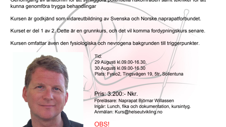 Anmäl dig nu! 28/8 stötvågskurs steg1. 29-30/8 Dry-needling kurs. 10/10 Shock Wave Stockholm - utbildningsdag, stötvåg!