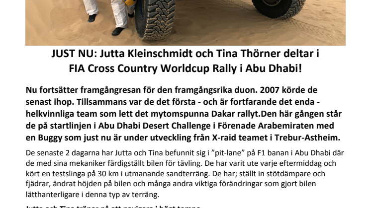 JUST NU: Jutta Kleinschmidt och Tina Thörner deltar i FIA Cross Country Worldcup Rally i Abu Dhabi!