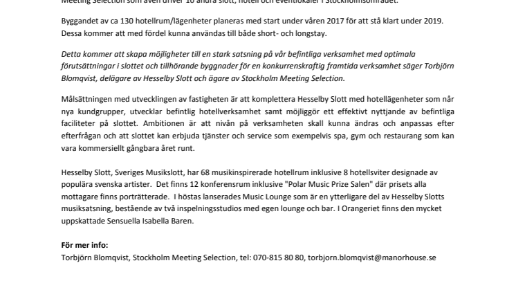 Hesselby Slott och Stockholm Meeting Selection utvecklar sin verksamhet med 130 nya hotellrum/lägenheter
