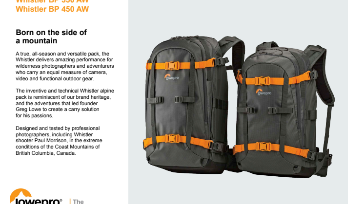 Lowepro Whistler, produktspecifikation