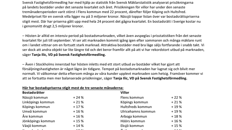 Kommentar till Svensk Mäklarstatistik: Stort utbud men fortsatt stark bomarknad senaste kvartalet 