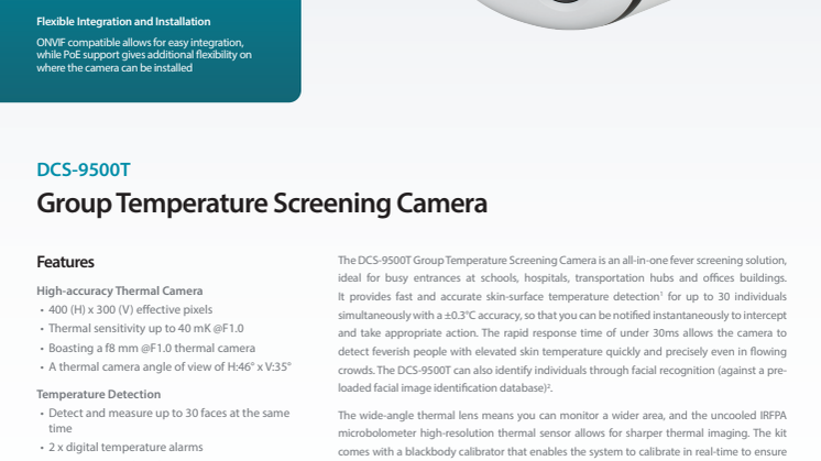 Datablad, DCS‑9500T Group Temperature Screening Camera