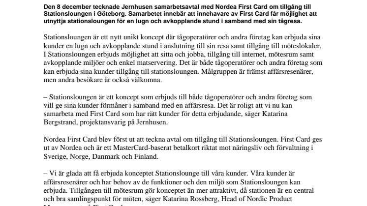 Nordea First Card blir första avtalskund i ny unik Stationslounge på Centralstationen i Göteborg