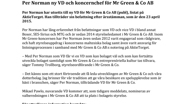 Per Norman ny VD och koncernchef för Mr Green & Co AB 