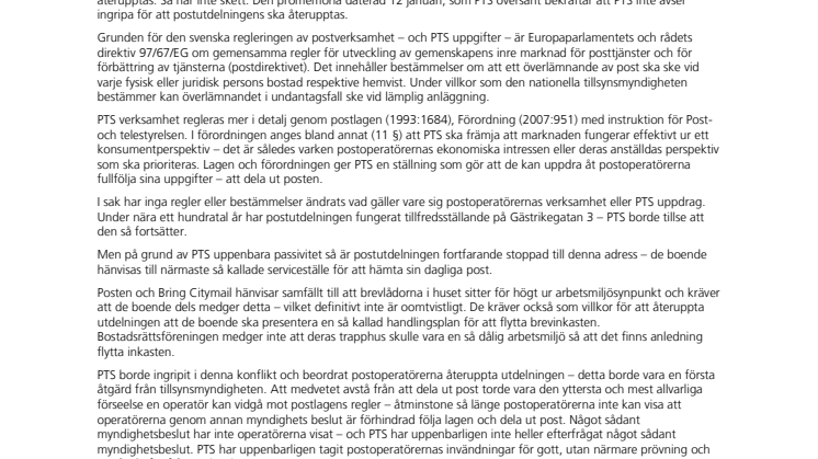 Bostadsrättsföreningar rättslösa när postutdelning stoppas. SBC anmäler PTS till JO