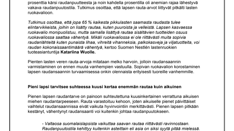 Raudansaanti huomioitava pienten lasten ravitsemuksessa myös teollisissa maissa