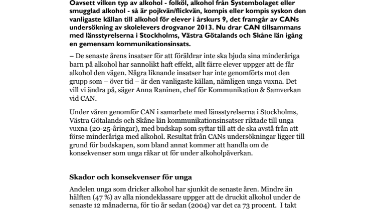 Unga vuxna vanligaste källan till alkohol för minderåriga