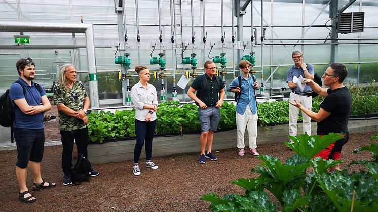 Christina Hansson (till höger), verksamhetsledare Haga trädgårdar, visar och berättar om Haga grön rehab. Från vänster: Göran Deurell, Hans Larsson, Johanna Almqvist, Jesper Helén, Nils Hogle och Hans Erik Eriksson. Foto: Eric Båve