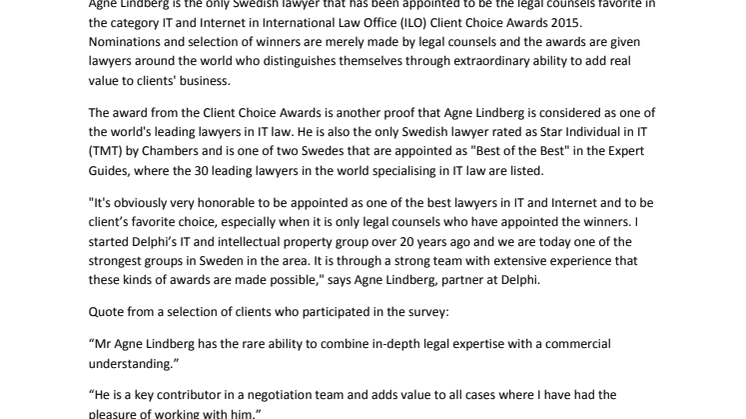 Agne Lindberg, partner at Delphi, wins another nomination as Sweden's leading IT Lawyer:  Client Choice Awards 2015
