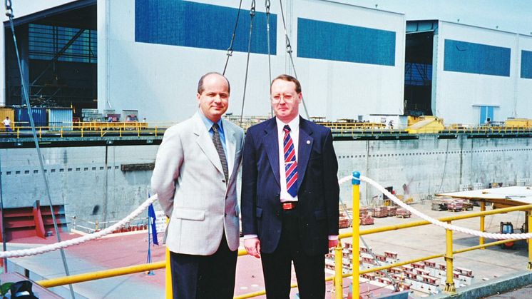 Stephen Payne (right) owner's Project Manager with Loris Di Giorgio, shipyard Project Manager, at the keel laying of Rotterdam VI.jpg