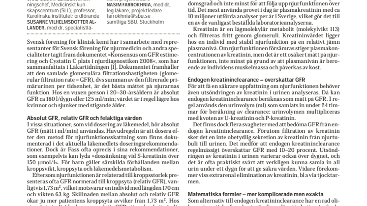 C-G Elinder skriver om osäkerhet vid skattning av njurfunktion i Läkartidningen
