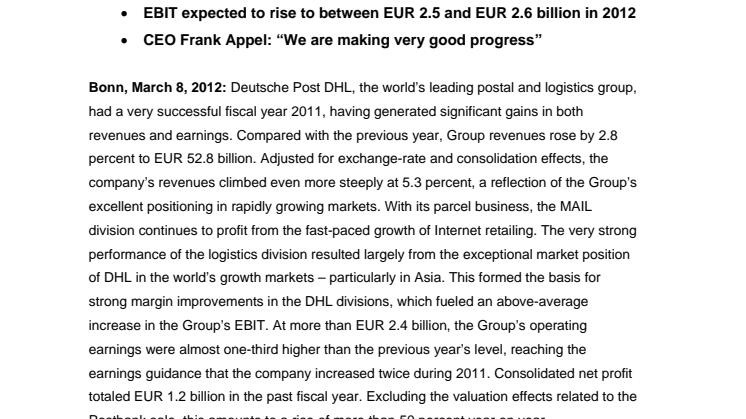 Tvåsiffrig vinsttillväxt för Deutsche Post DHL under 2011