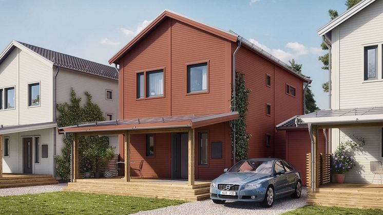 Brf Björnö Vik 2 - 3D-bild av de friliggande husens framsida