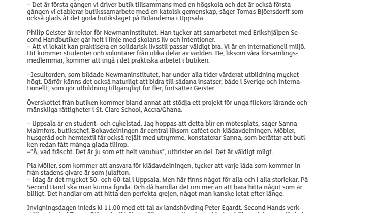 Erikshjälpen Second Hand öppnar sin 55:e butik i Uppsala i samarbete med Newmaninstitutet