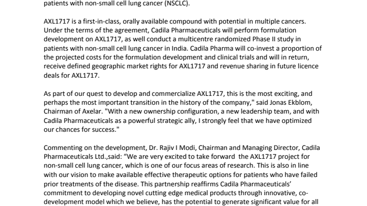 Axelar and Cadila Pharmaceuticals announce co-development agreement for Non-Small Cell Lung Cancer Treatment