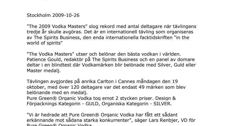Guld och Silver till Pure Green® Organic Vodka i Cannes