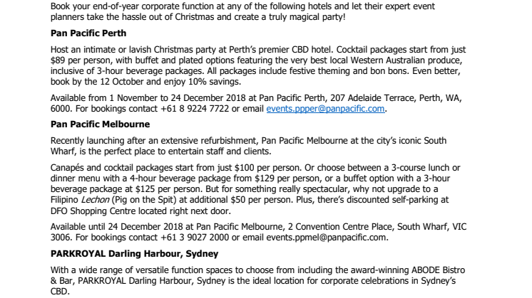 Pan Pacific Hotels Group has your corporate entertaining all wrapped up this Christmas
