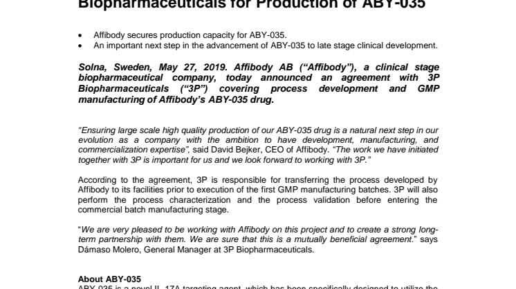 Affibody Enters into Agreement with 3P Biopharmaceuticals for Production of ABY-035