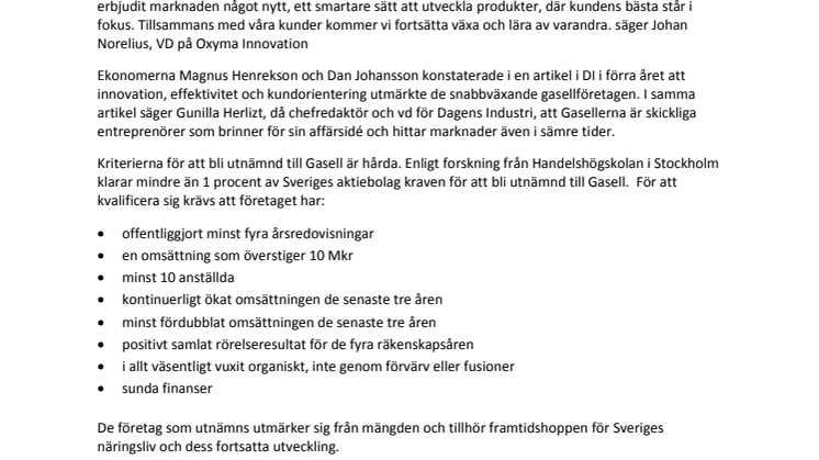 Uppstickaren Oxyma Innovation utnämnda av Dagens Industri till Gasellföretag 2009 