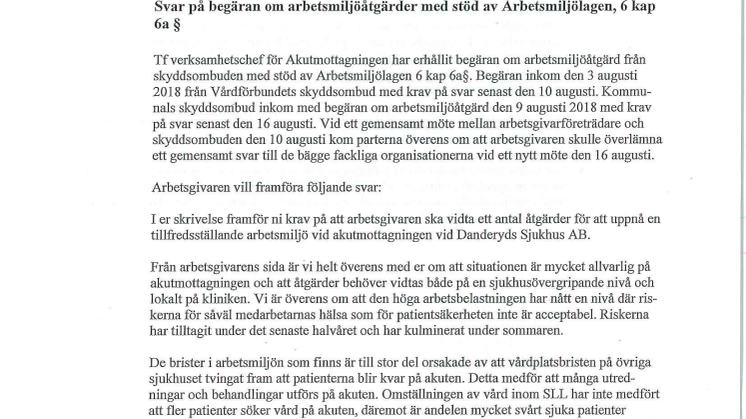 Danderyds sjukhus svar till skyddsombuden på akuten - begäran om arbetsmiljöåtgärder