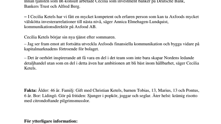 Cecilia Ketels ny IR-chef på Axfood