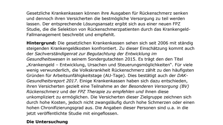 Studie: Krankenkassen und Rückenschmerz - Kosteneinsparungen bei optimaler Patientenversorgung möglich
