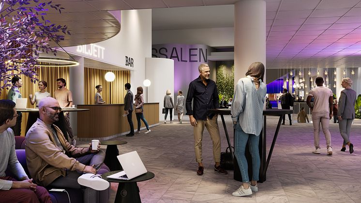 Visionsbild av hur miljön i kongress- och konserthuset på Elmia kan se ut efter den renovering som pågår just nu.