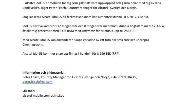 Ny Alcatel Idol5-serie lanseras nu – först ut är Idol 5S  