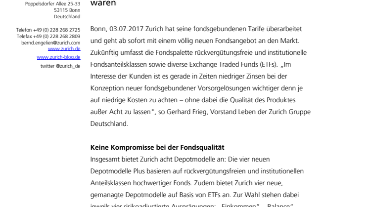 Zurich überarbeitet fondsgebundenes Vorsorgeangebot - Kunden erhalten ab sofort Vorteile, die bisher nur Großanlegern vorbehalten waren